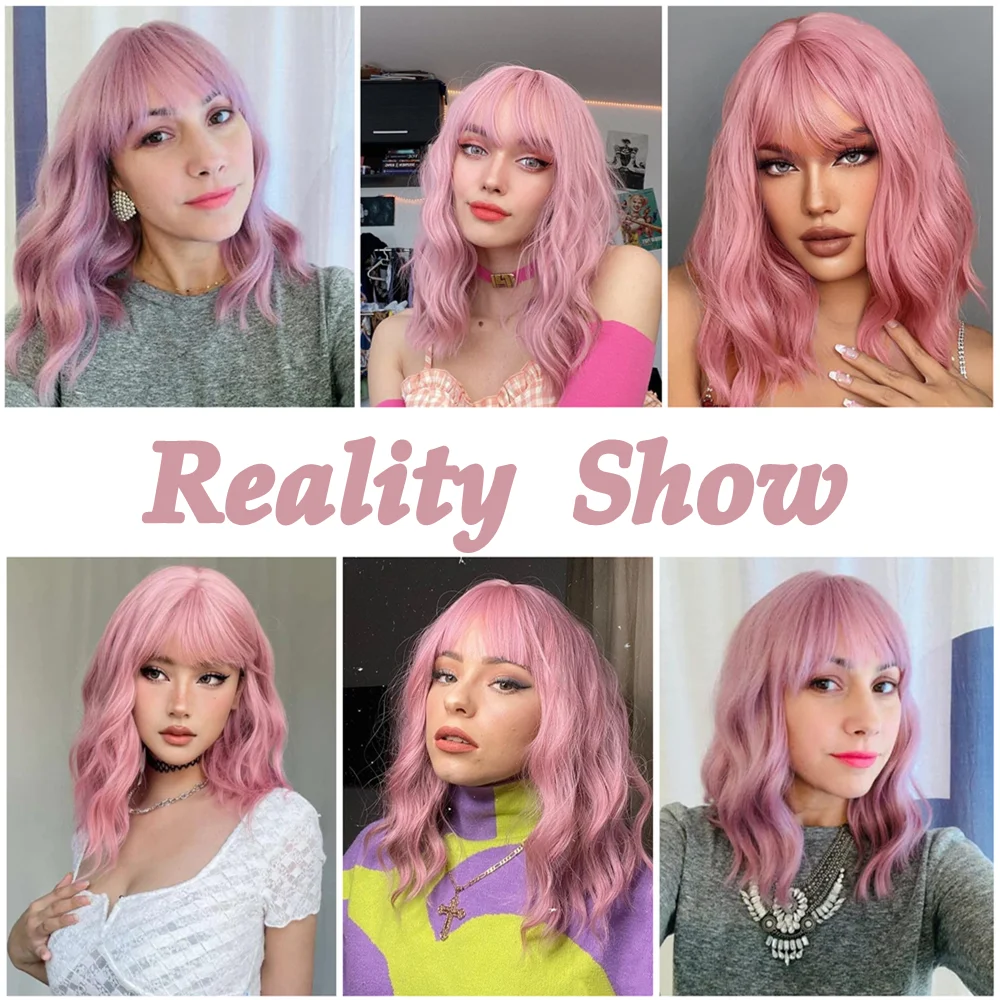 LOUIS FERRE Short Bob Purple Pink Wig for Women Pastel Wavy Wig With Air Bangs Medium Curly Wavy Cosplay Synthetic Colorful Wig