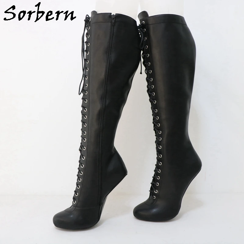 Sorbern Da Thật Heelless Vintage Mũi Tròn Giày Burlesque Đầu Gối Cao Cao Vòm Giày Rộng Chân Cột Dây Đen Mờ Khởi Động