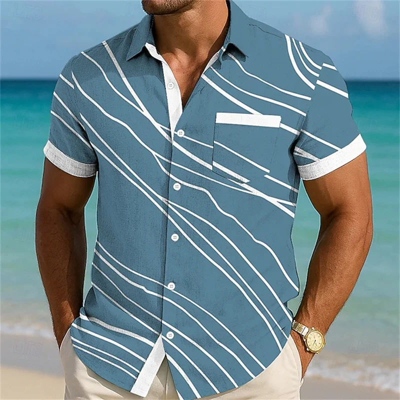 Men's Geometric Line Wave Shirt Summer Fashion Casual Vacation Street Lapel 3D Printing Front Single Pocket Shirt