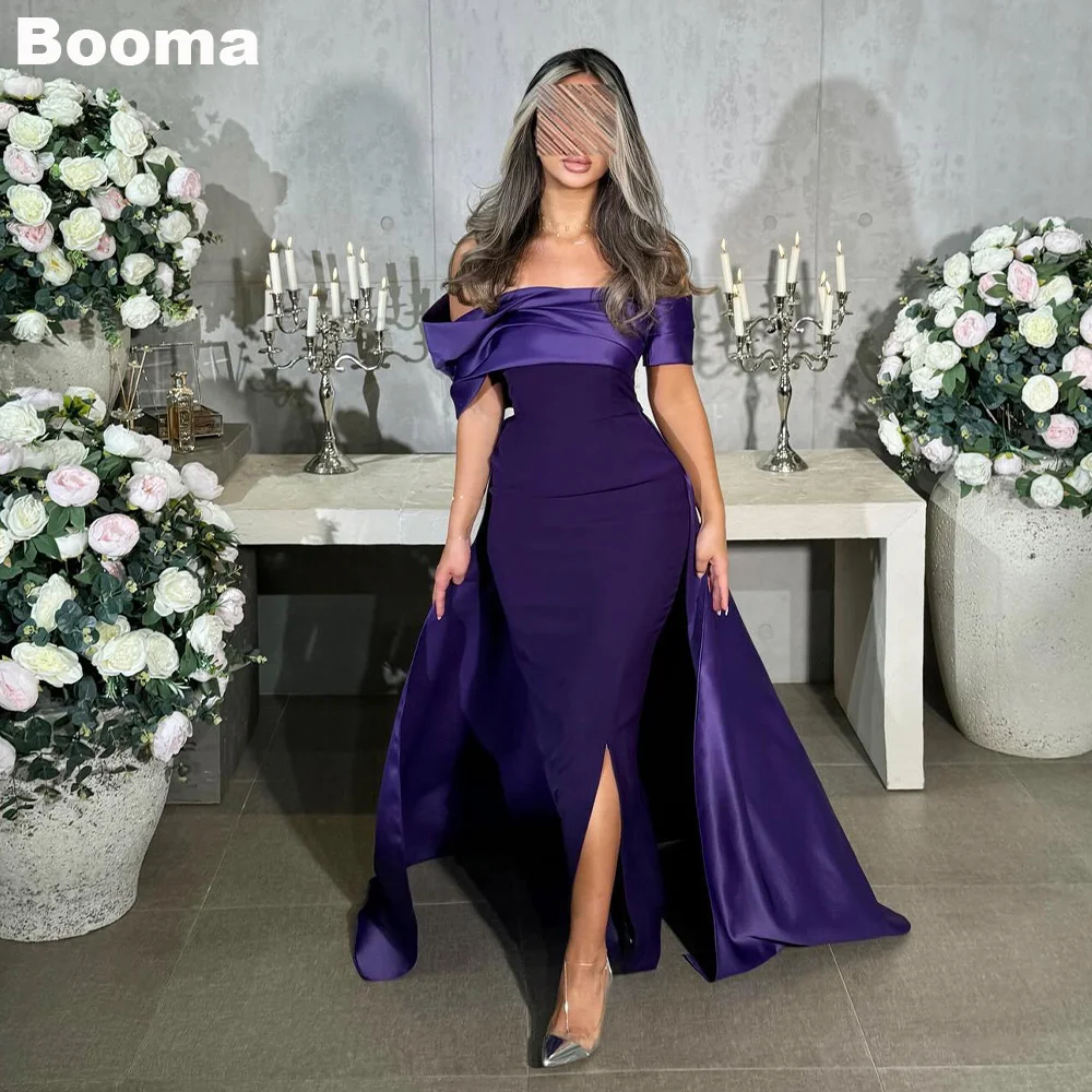 

Booma Elegant Mermaid Evening Dresses Off Shoulder Pleats Formal Party Gowns with Train Side Slit Prom Dresses Dubai Customized