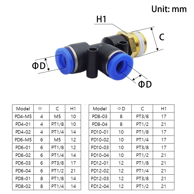 Złączki pneumatyczne PD 4mm do 12mm rura węża 1/4 "1/8" 3/8 "1/2" BSP gwint męski T kształt trójnik złącze powietrza łącznik rurowy