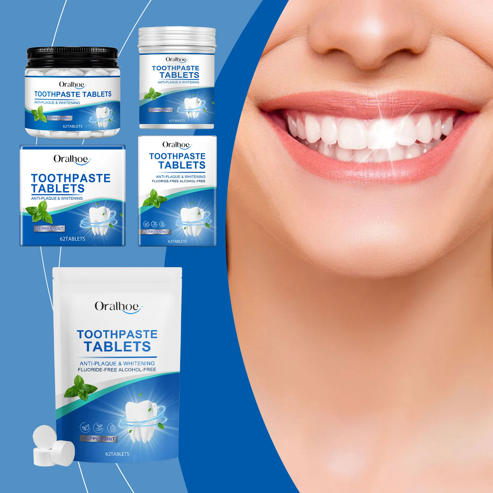 

Oralhoe 62pcs Whitening Teeth Tablets Oral Clean Mouthwash Remove Yellow Stains Fresh Breath Mint Flavor Dental Solid Toothpaste