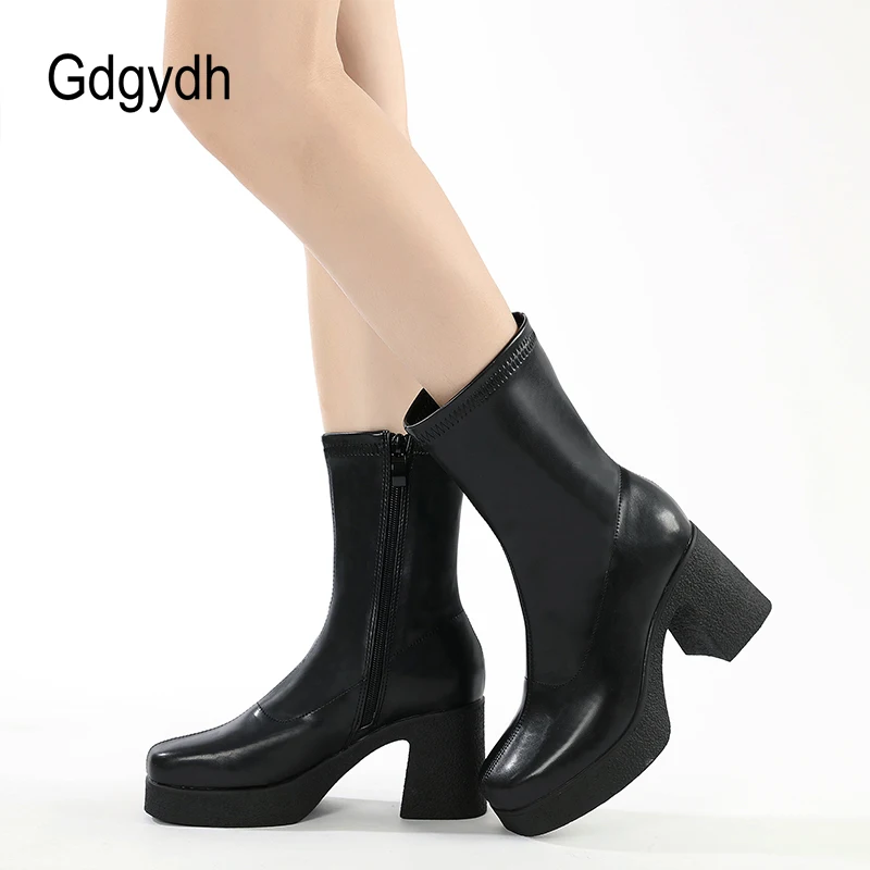 Gdgydh Women\'s Sock Boots Chunky Heels Platform Ankle Boots Winter Warm Lined Square Toe Leather Gogo Boots Mid Calf Side Zipper