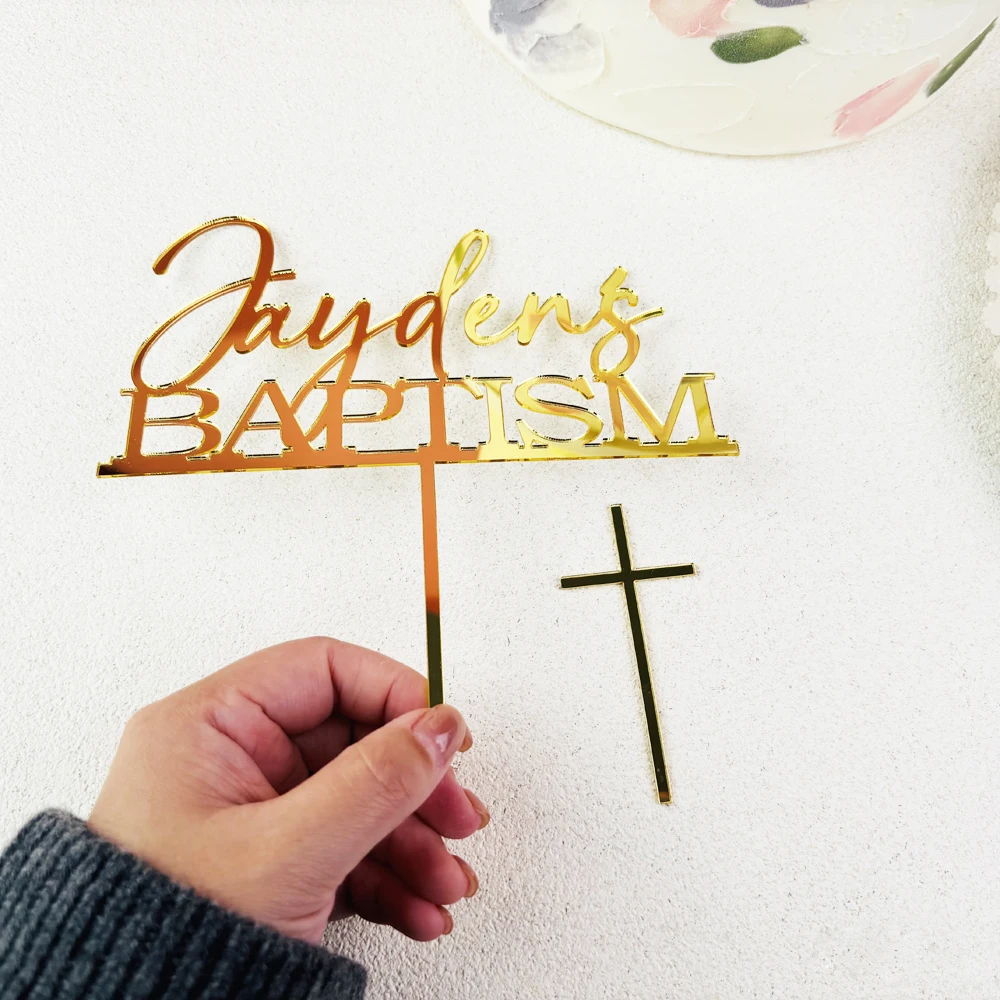 

Custom Baptism Cake Topper And Cross Set Cursive Name Toppers for Holy Confirmations Christenings Personalized Decorations