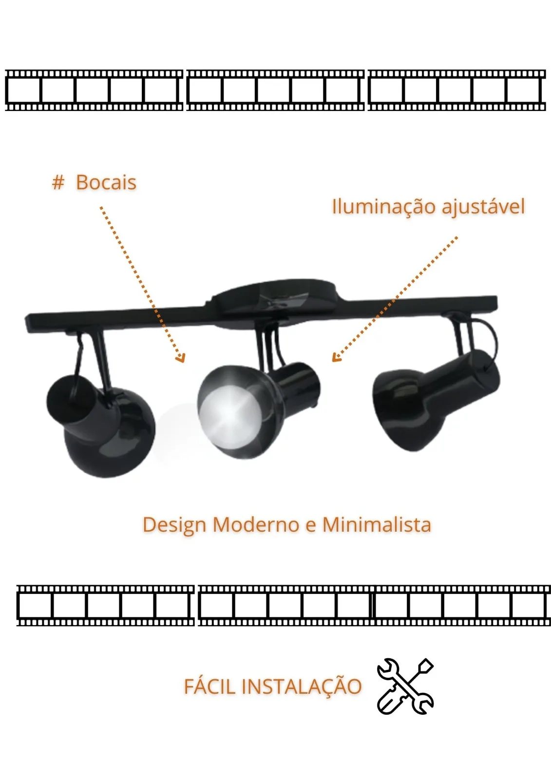 Luminaria Spot Triple Rail 3 Black Adjustable Bocals