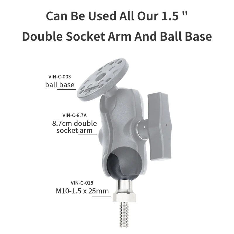 VIN monta adaptador de bola de 1,5 "com poste rosqueado diferente para montagem de câmera de telefone de bicicleta de motocicleta