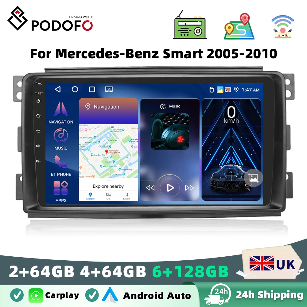 Podofo Android Car Radio For Mercedes-Benz Smart Fortwo 2005-2010 Android Auto 2 Din Multimedia Player Navigation GPS BT FM RDS