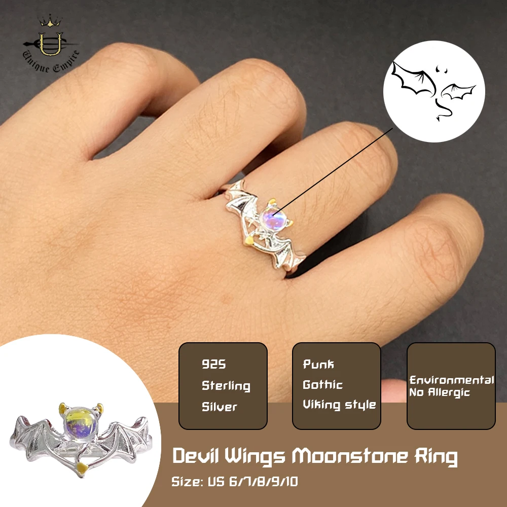 Demon Moonstone Ring Exquisite Devil's Wings Adjustable Silver Band Couple Halloween Christmas Gift Jewelry