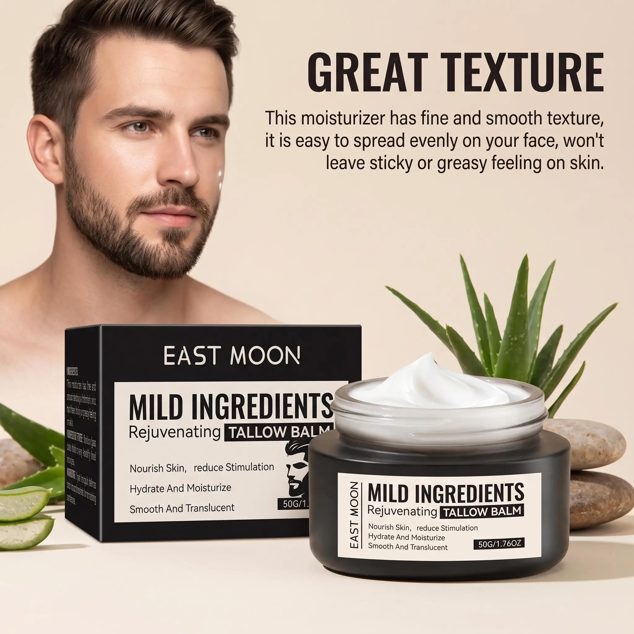 East Moon Men's Facial Tallow Balm Mild Ingredients Rejuvenating Moisturizing Glowing Skin Smoothing Roughness Non Greasy Daily Face Cream
