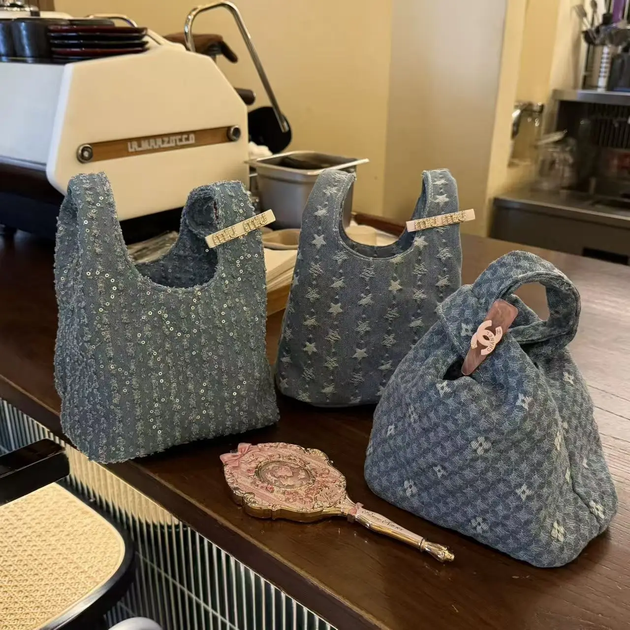 Y2K Denim Handbag for Women Sequin/Star Embroidery Mini Tote Bag Casual Fashion Top Handle Purse 2026 New Korean Style Daily Use