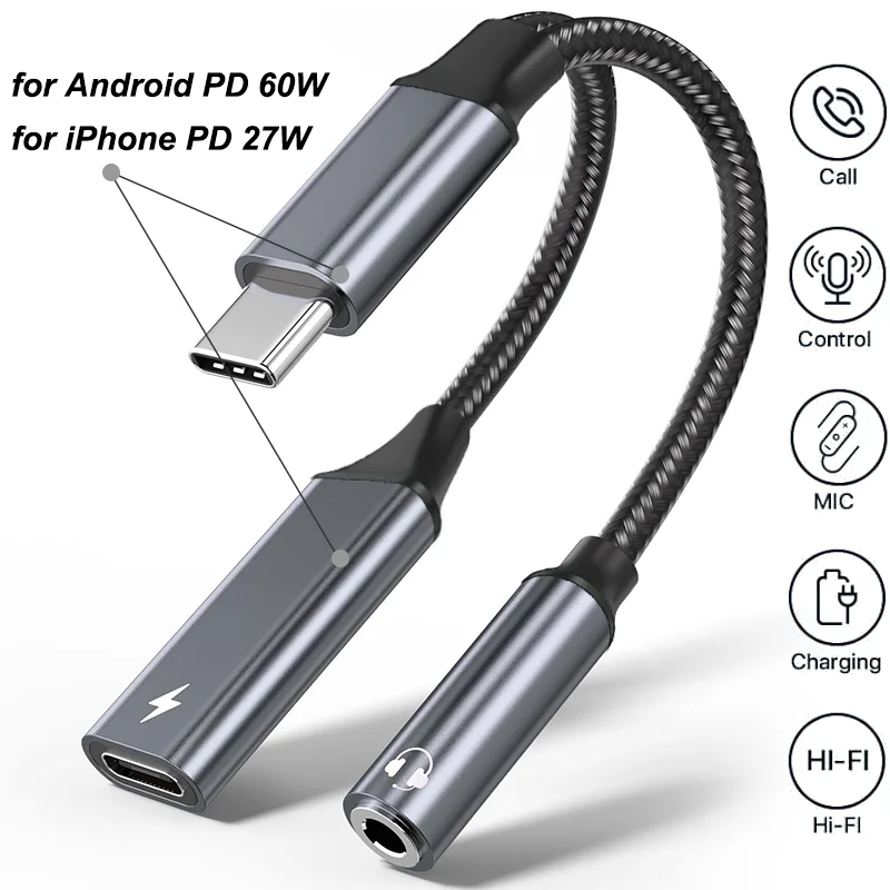 2-in-1-Typ-C-Audio-Adapter PD 60 W Schnelllade-USB-C auf 3,5-mm-Klinkenadapter für iPhone 15/16 Samsung Huawei Xiaomi