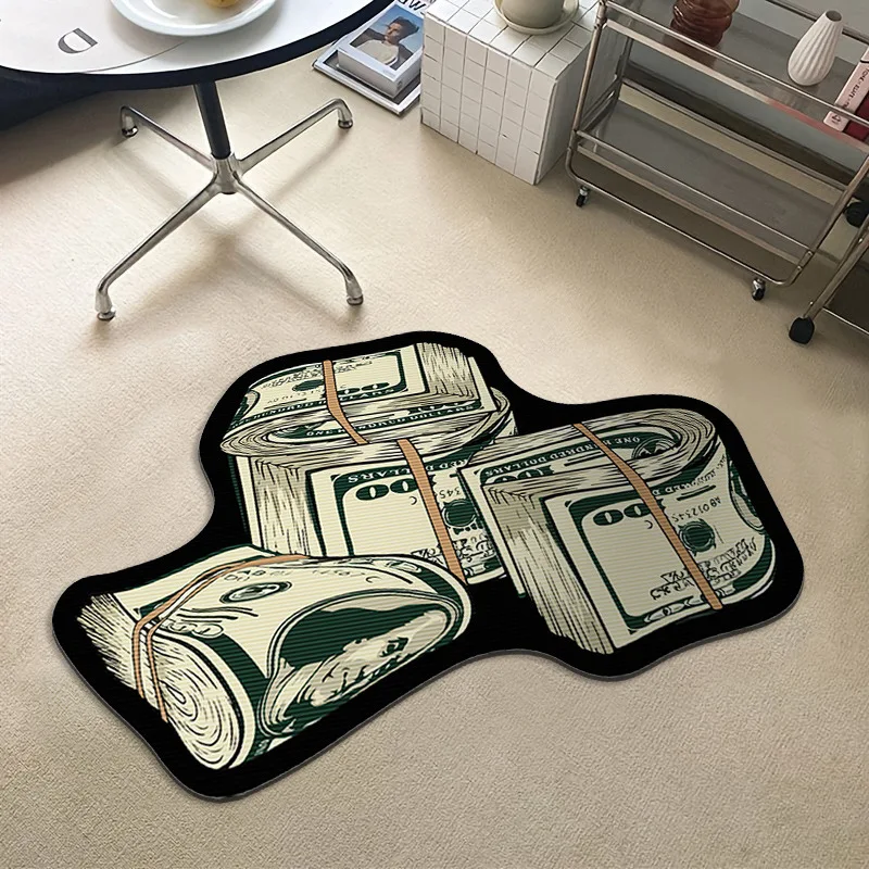 USD Banknote Series Irregular Floor Mat Living Room Fun Sofa Coffee Table Mat Non-Slip Soft Flannel Home Bedside Carpet Gift