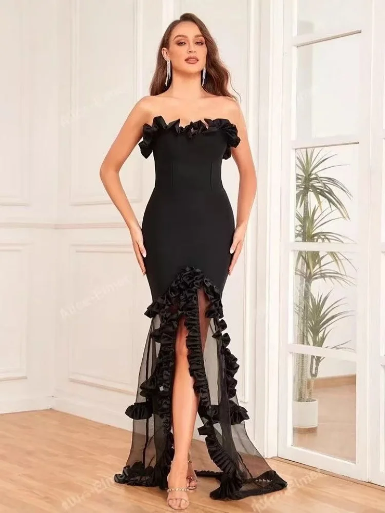 

2025 Women summer black strapless lace slim bandage dress, sexy and fashionable party dress
