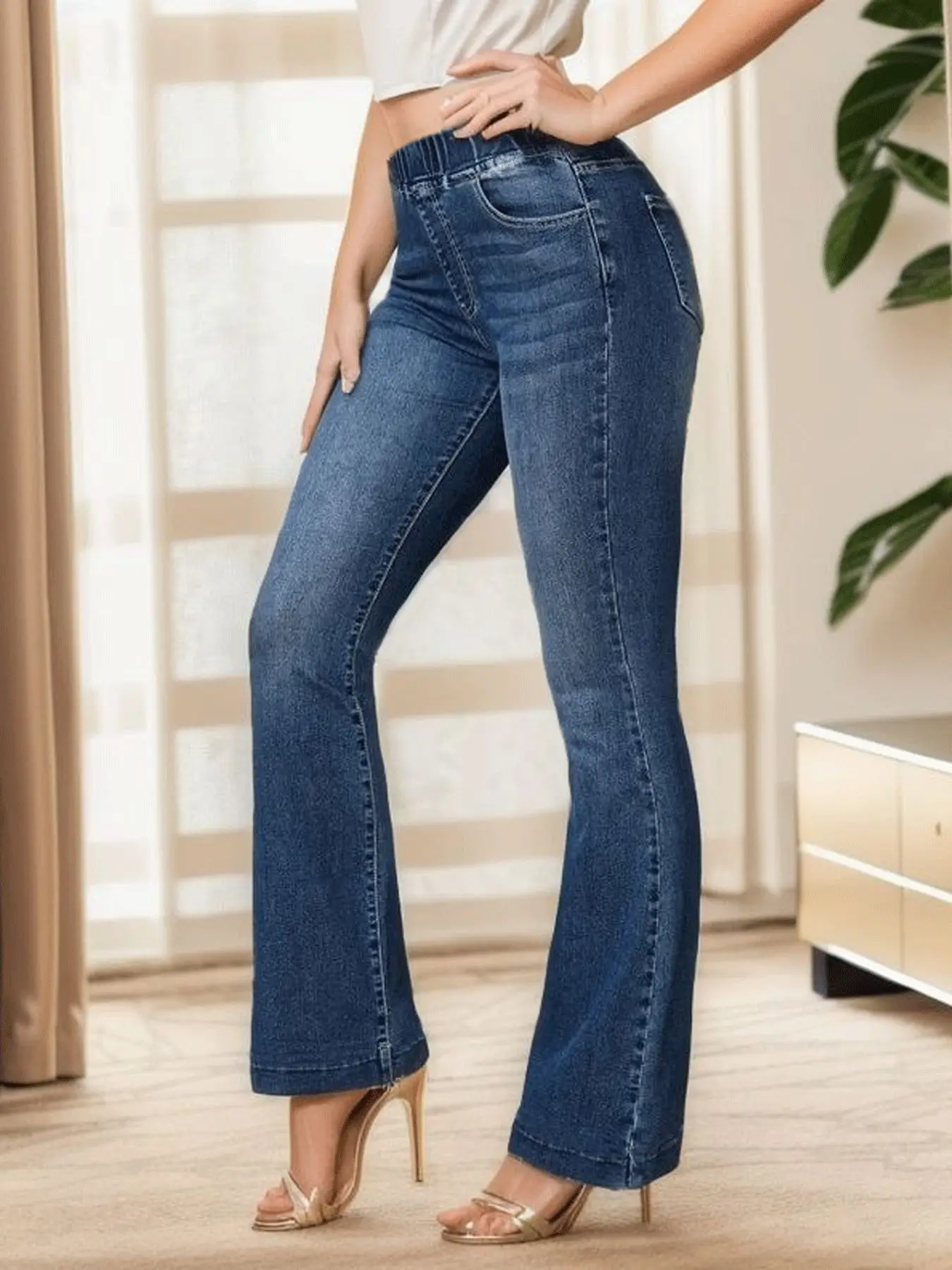 Spring 2024 New Fashion High Stretch Elastic Waist Boot Cut Jeans Slim Fit Hip Lift Denim Flared Pants Casual Skinny Trousers