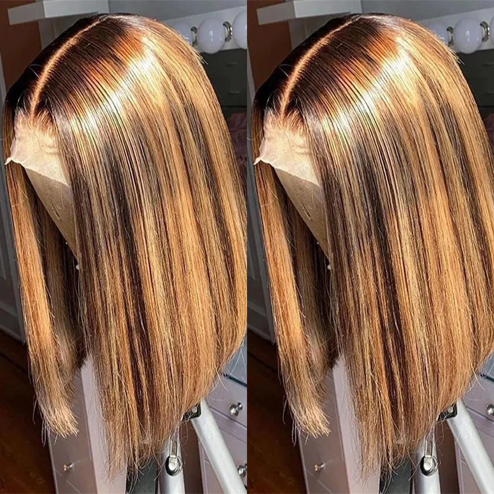 

Highlight Color Short Bob Wig Straight 13x4 Lace Frontal Wig Brazilian Human Hair 4/27 Full Front Lace Bob Wig For Women Pre Cut