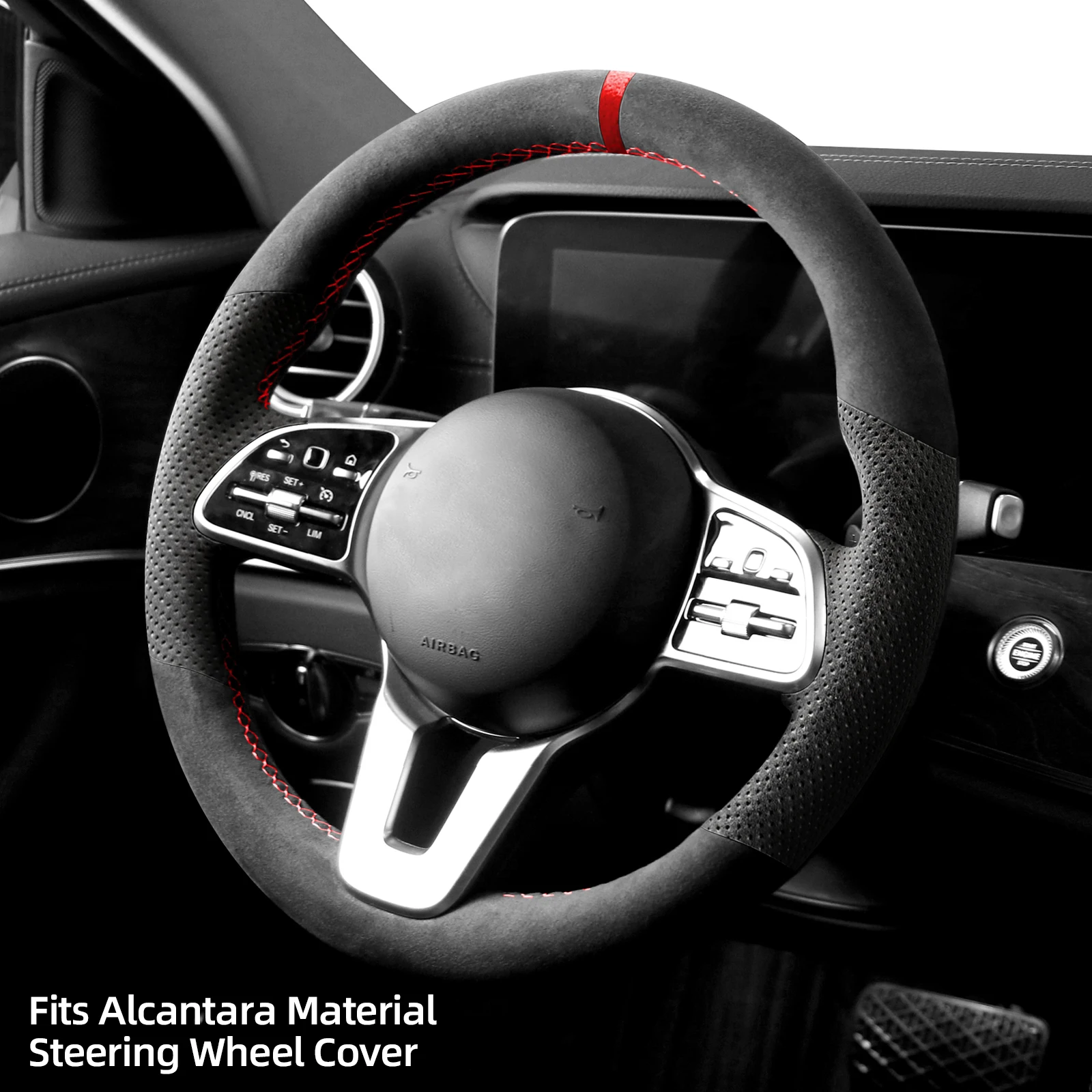 Hand Stitch Steering Wheel Cover for Alcantara Material for Mercedes Benz W177 W205 C118 C257 (Red Stripe) 2