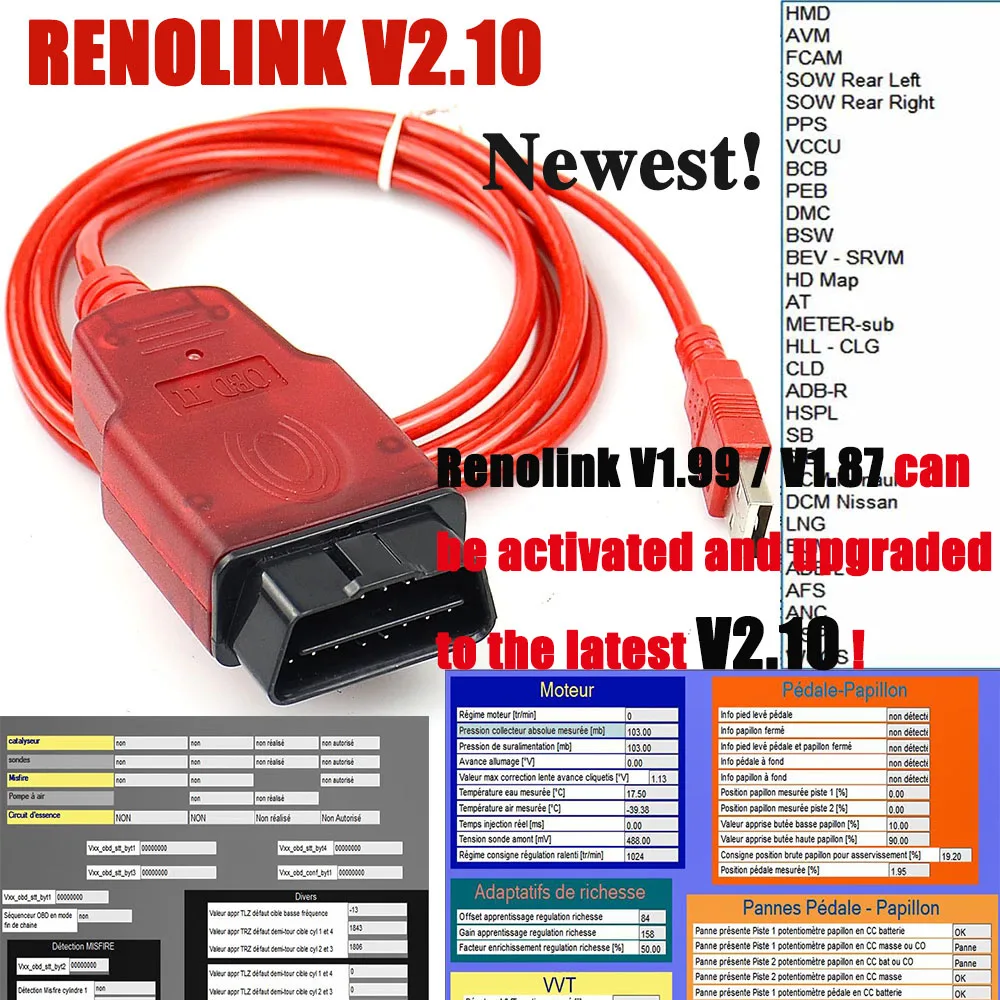 Programmeur ECU Renolink V2.10 pour Renault, Cristal de l\'airbag, RenoLink 1.99, mise à niveau OBD2, outil de diagnostic, programmeur de clé ECM