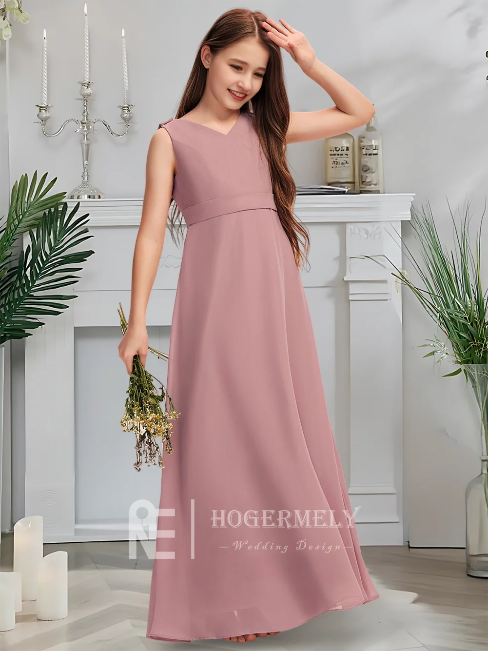 Lussuoso abito da damigella d'onore junior con scollo a V Abito da ragazza di fiori malva crepuscolare lungo fino al pavimento in chiffon con volant a cascata da sposa