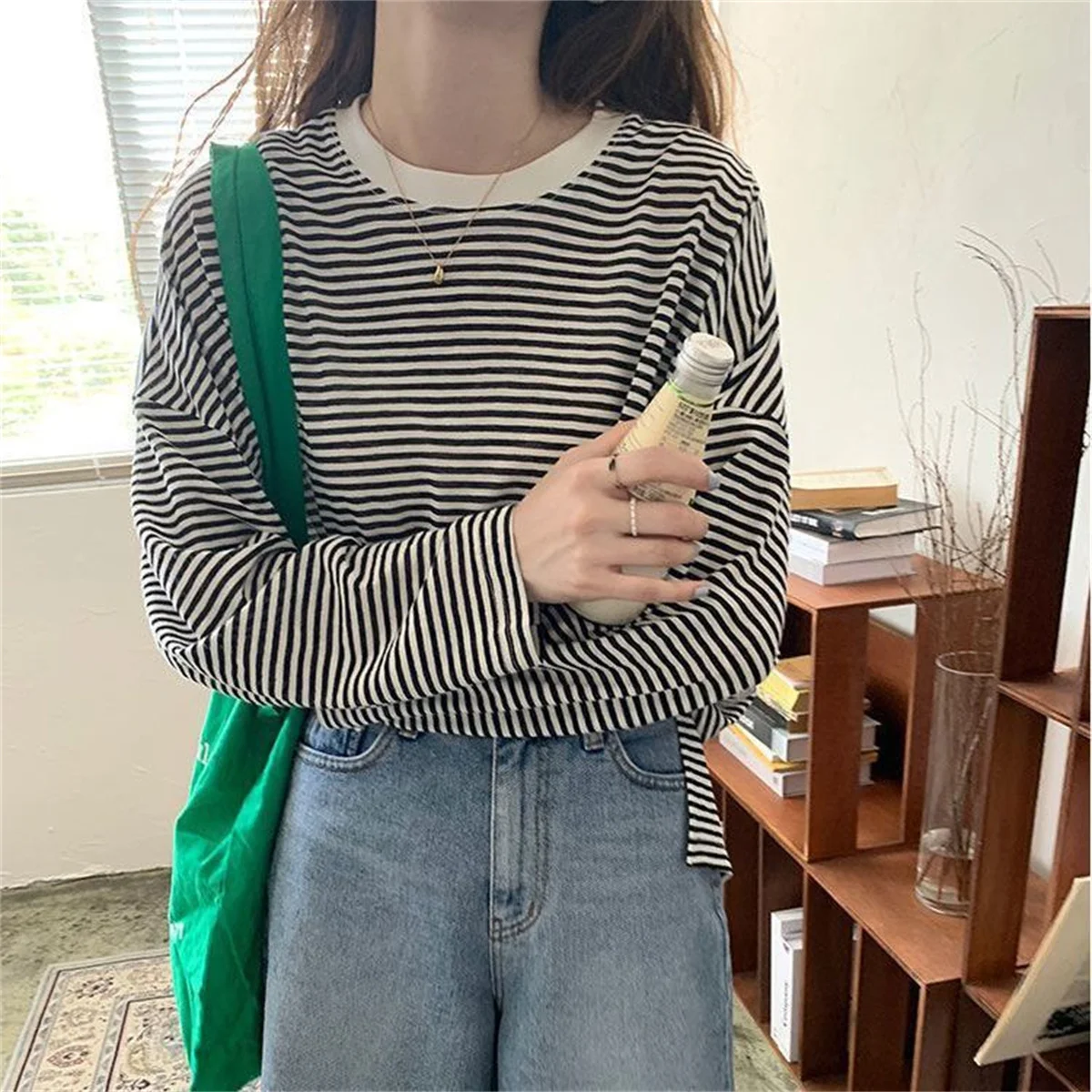 Women Striped T Shirt Long Sleeve Loose Lightweight Breathable Ice Silk Sheer Sunscreen T-shirt Running Autumn All-match Tops