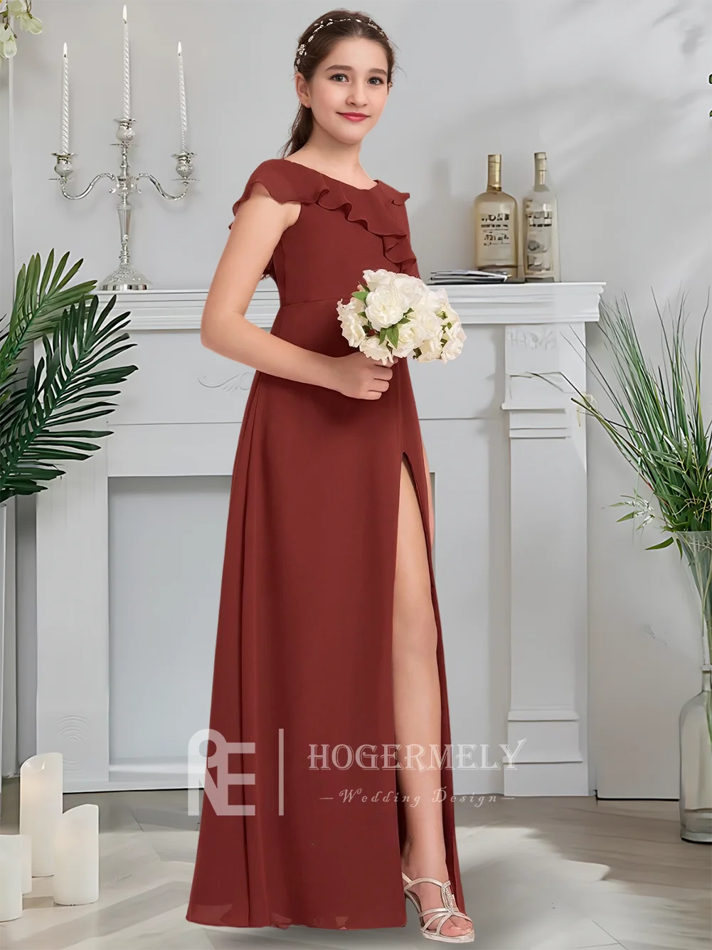 หรูหรา V คอชุดเพื่อนเจ้าสาวจูเนียร์ทับทิมดอกไม้สาวชุดชีฟองยาว Cascading Ruffles งานแต่งงาน