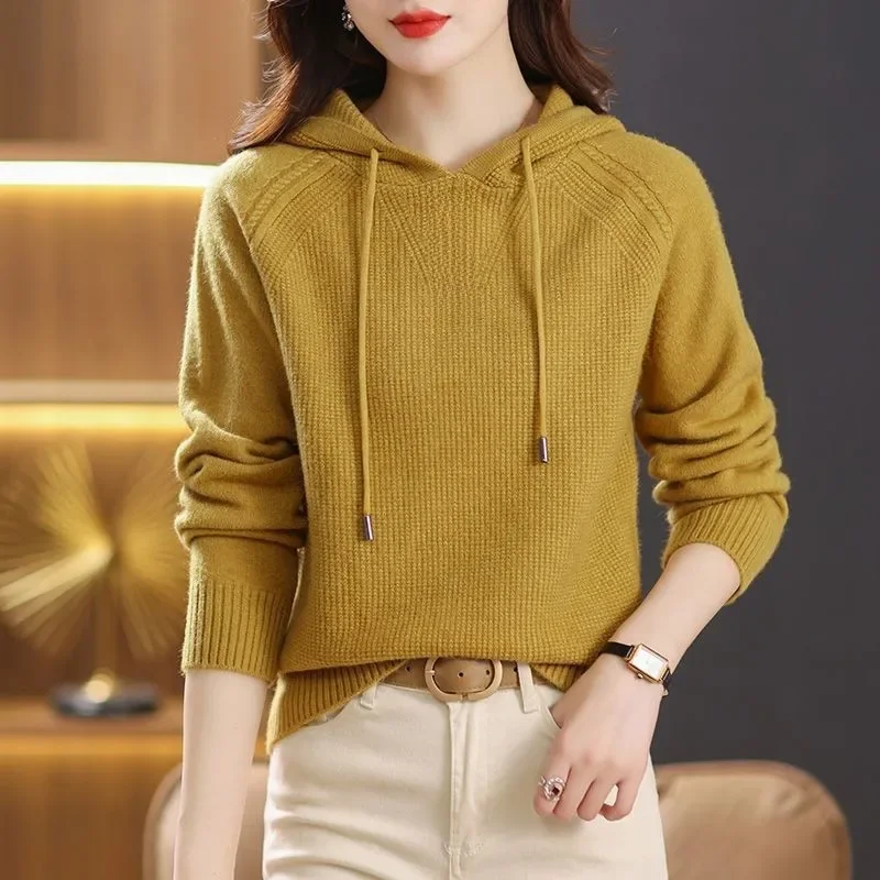 Nowe koreańskie damskie swetry z kapturem luźne na co dzień jednolity kolor sweter płaszcz z długim rękawem Vintage wełniany top damski sweter Femme — zdjęcie 2
