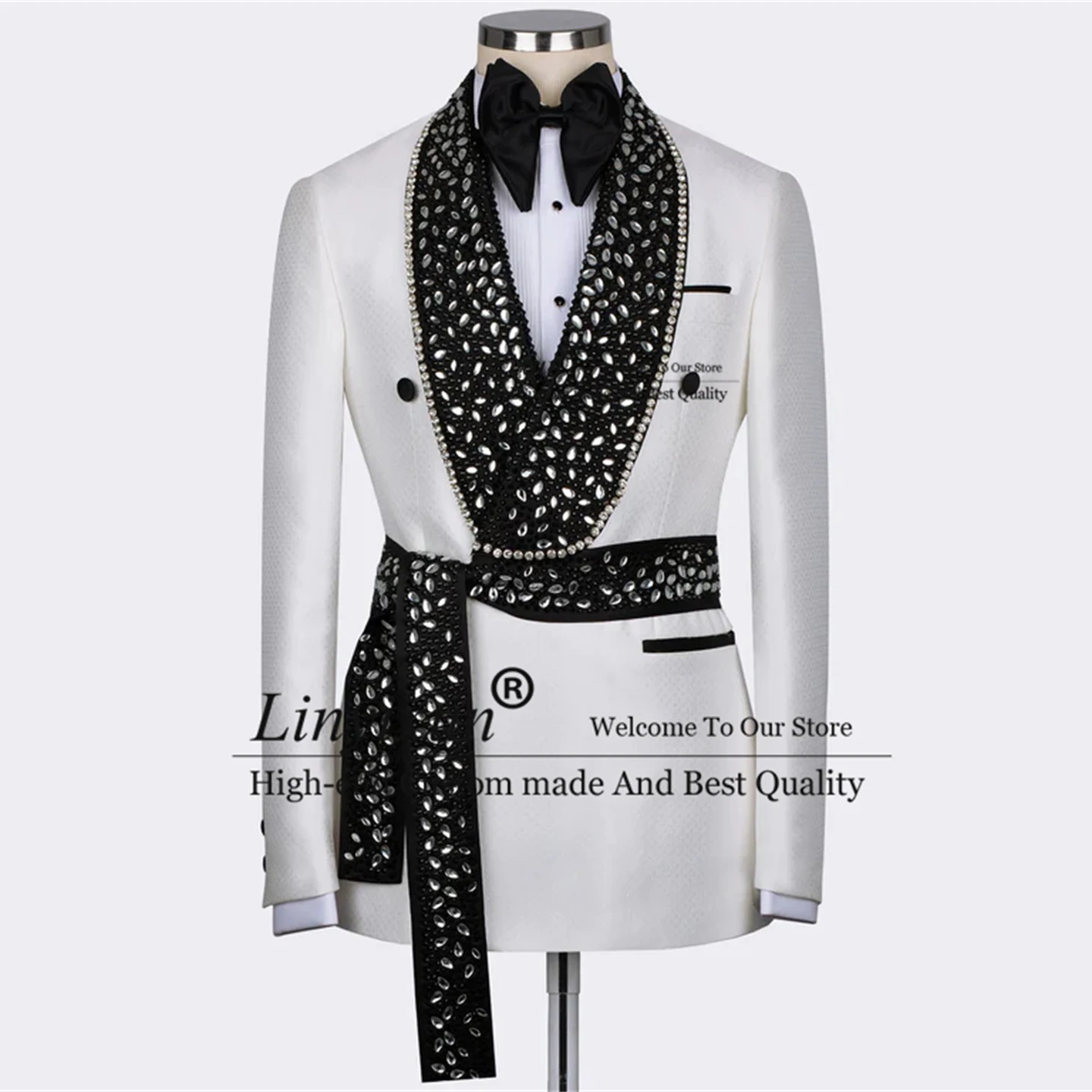 

Black Gem Stone White Laleped Wedding Tuxedos Luxury Beadeds Men Suits Slim Dinner Party Prom Blazers Terno Masculino Completo