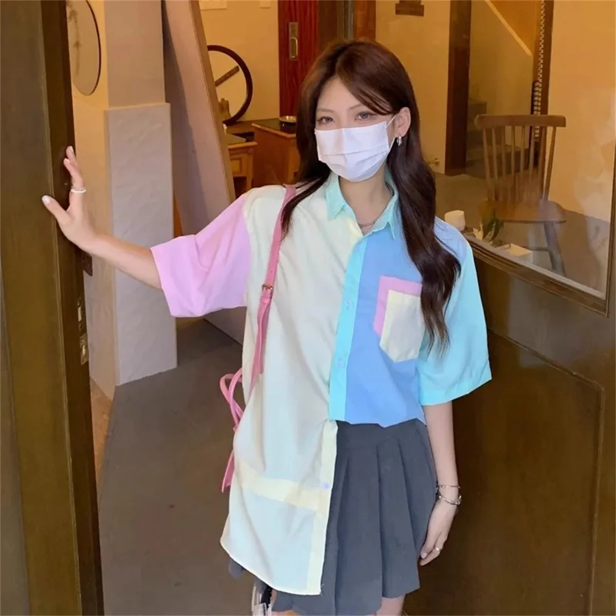 Japanische süße Patchwork-Hemden in bunten Farben, Preppy-Studenten-Kurzarmhemd mit Knopfleiste, Harajuku-Lovers, lockeres, lässiges Harajuku-Hemd