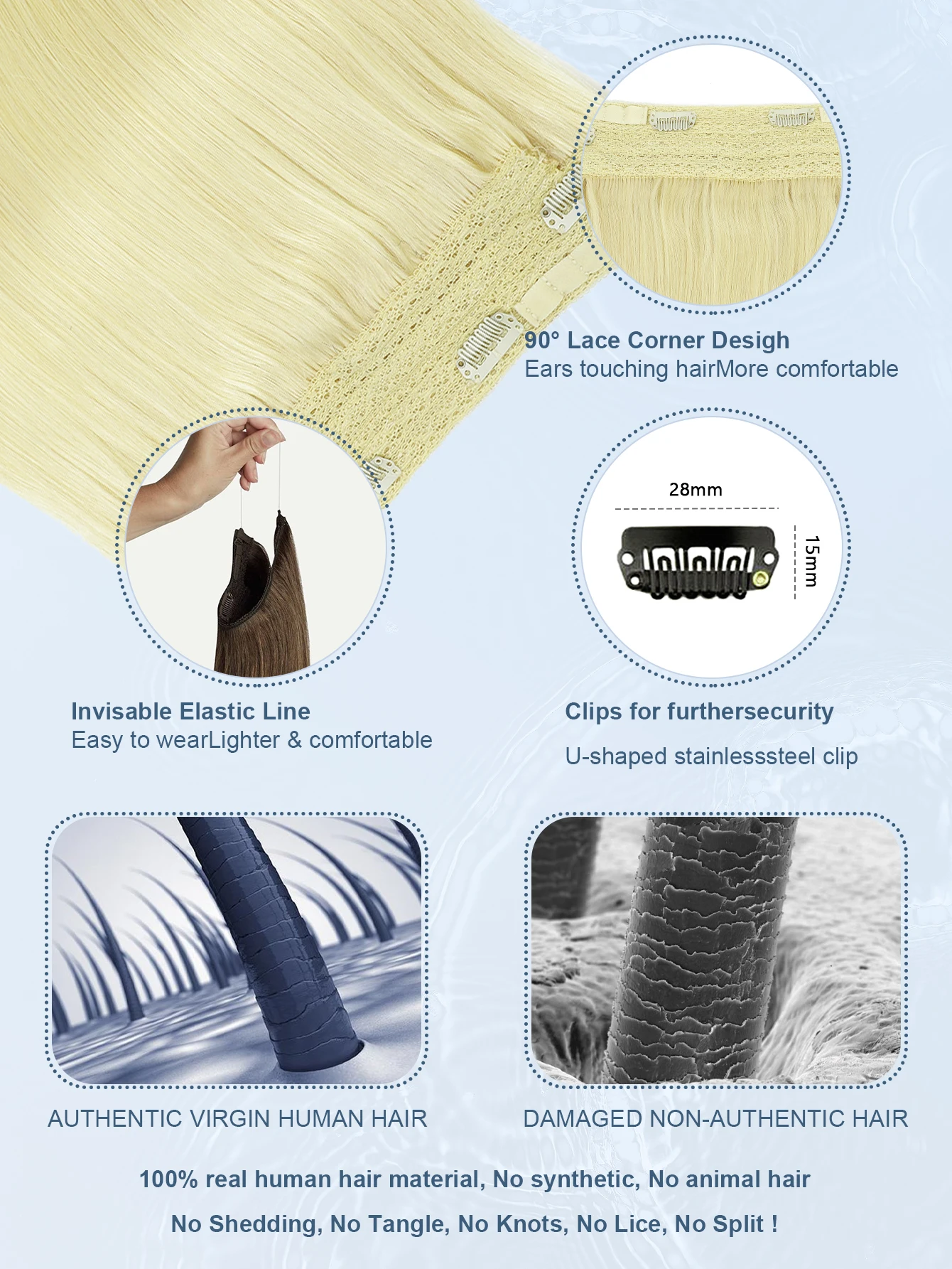 20 بوصة 100 جرام وصلات شعر هالة أشقر 100% شعر بشري مع سلك شفاف غير مرئي قابل للتعديل حجم مشبك آمن على قطعة الشعر #4