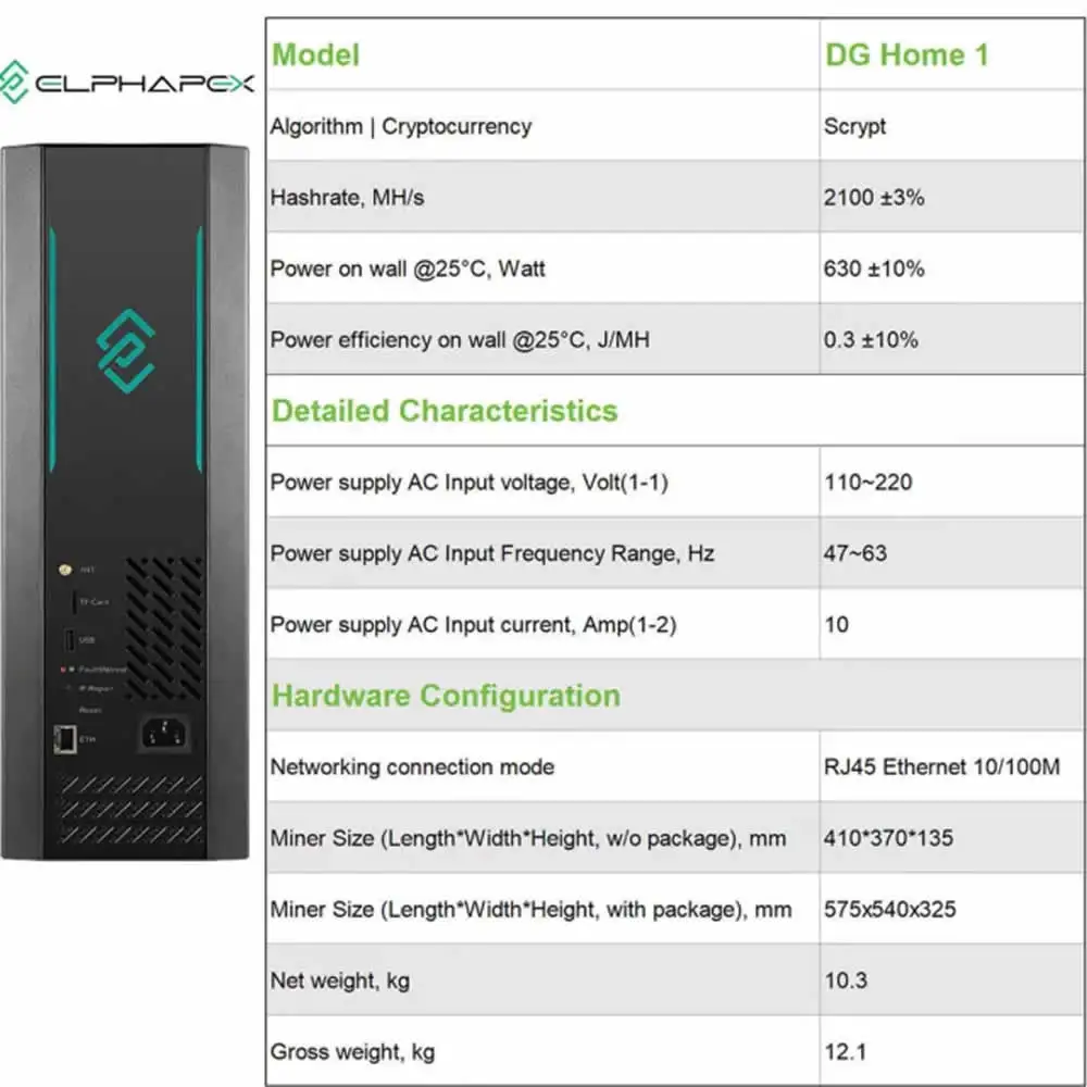 Elphapex-dg home miner,doge scrypt miner,dx,2個購入すると1,2100mh/s, 630w,2.1g,新品