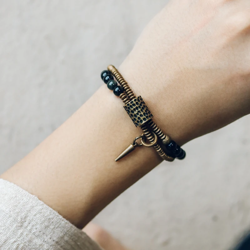 Black Obsidian Beads Bracelet Hammered Brass Two Row  Health Unisex Jewelry for Women Unique Handmade Personalized Bracelet