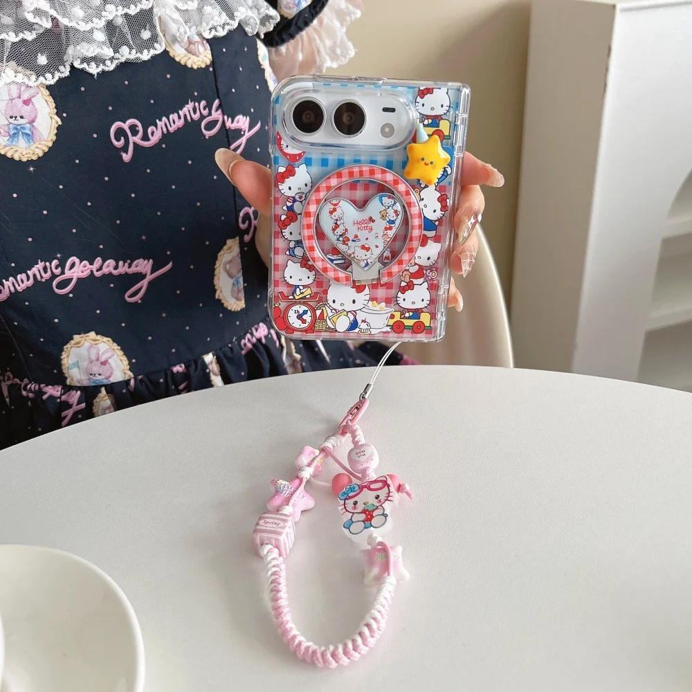 Kawaii Cartoon Kitten Plaid Magnetic Phone Case for iPhone Duo Cover with Magsafe Holder, Fashion Hot Anti‑Fall Protective Cases