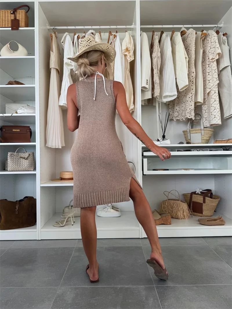 Sexy Damen-Badeanzug mit tiefem V-Ausschnitt, ärmellos, lässig, Strandkleid, Seitenschlitz, locker gestrickt, Sommer-Badeanzug, Überwurf mit Taschen