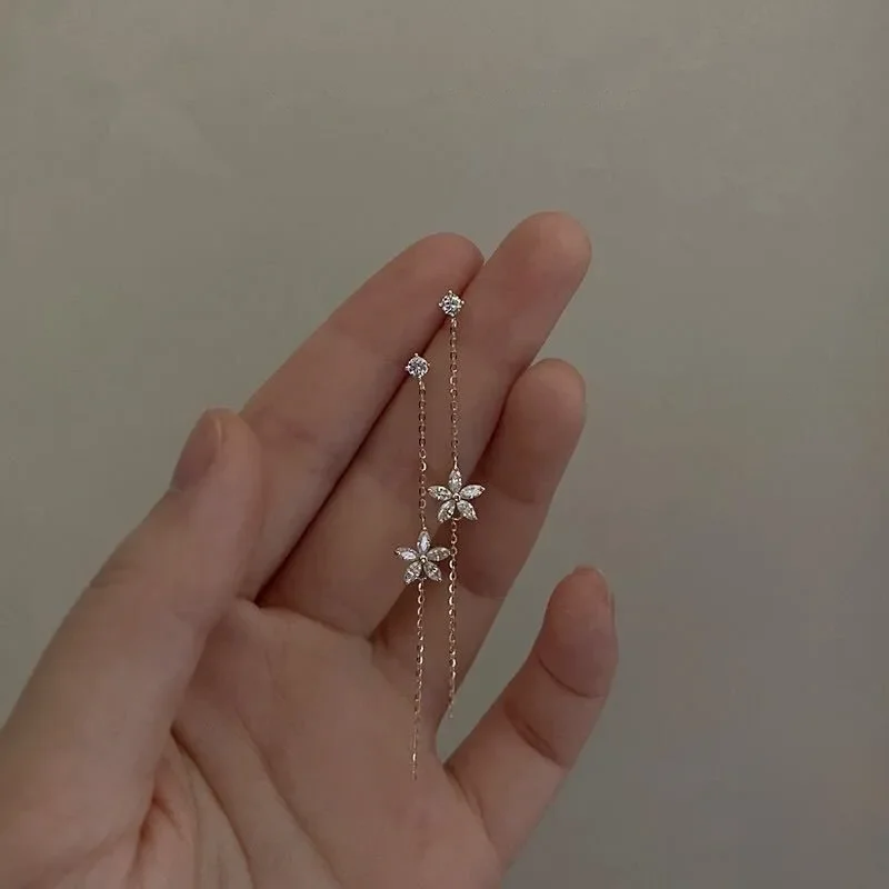925 Sterling Silver Plated 14K Gold Long Tassel Zircon Flower Earrings fou women Sweet Temperament Biżuteria ślubna Akcesoria — zdjęcie 2