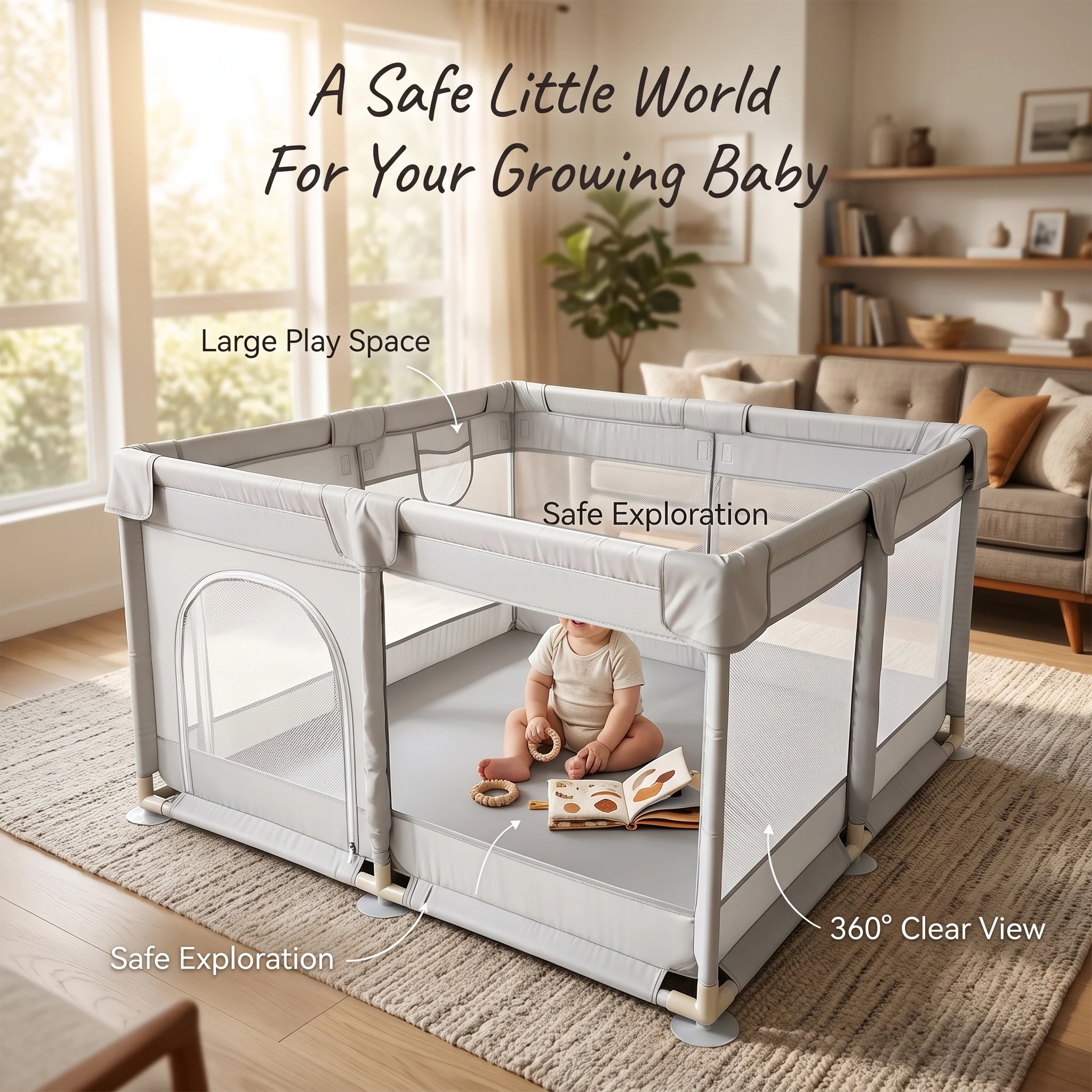 47' X 47' X 27' Baby Playpen, Large Toddler Activity Center with Sturdy Frame, Soft Breathable Mesh, Safe Play Area for Crawling & Playing, Indoor Outdoor Kids Playpen, Easy Assembly, Durable Baby Fence for Growing Toddlers