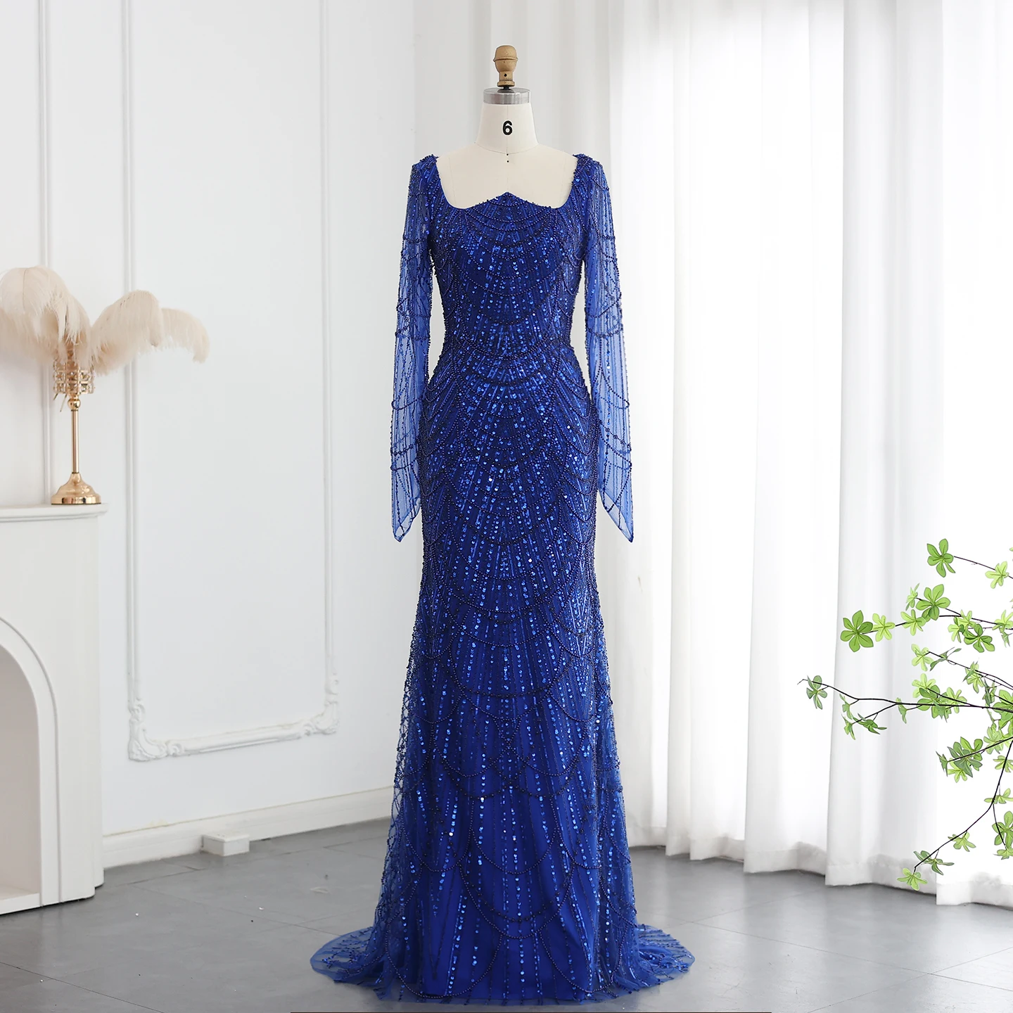 Sharon Said Elegantes Schwarzes Meerjungfrauen-Abendkleid mit Langen Ärmeln, Königsblau, Arabische Damen-Hochzeits- und Partykleider SS686, Maßanfertigung – Detail 10