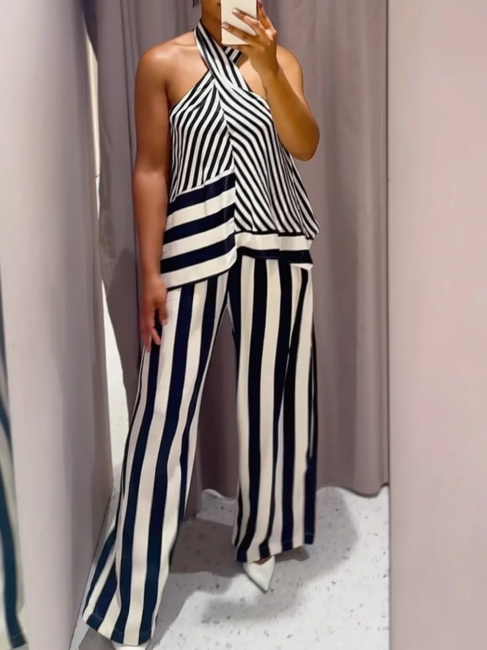 Women Summer Striped 2 Piece Set Cross Halter Sleeveless Top Elastic Waist Wide Leg Pants Suit Casual Chic Streetwear Faldas