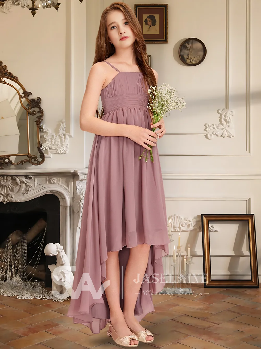 Элегантное квадратное асимметричное шифоновое платье трапециевидной формы для подружек невесты, праздничное платье для девочек, платье с цветочным узором для девочек, детское свадебное торжественное платье