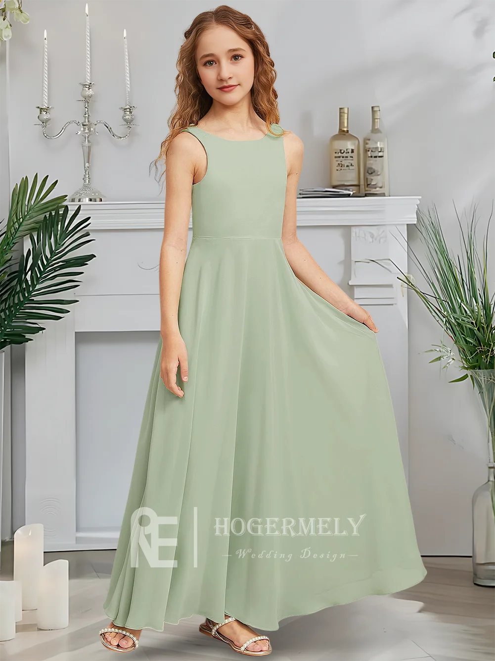 Платье трапециевидной формы для юных подружек невесты, детское платье цвета селадона с цветочным узором для девочек, шифоновое платье длиной до пола, свадебная вечеринка