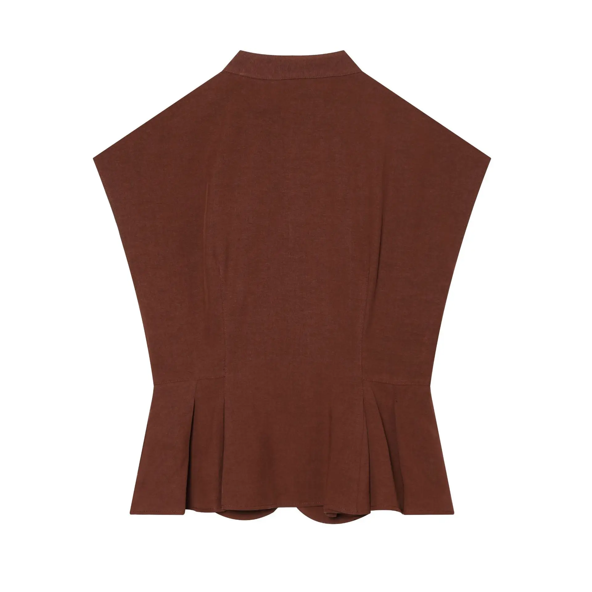 French Vintage Linen Cotton Blouse Women Summer Retro Sleeveless Brown Shirt Chic Pleated Ruffle Hem Tops Office Lady Vestido