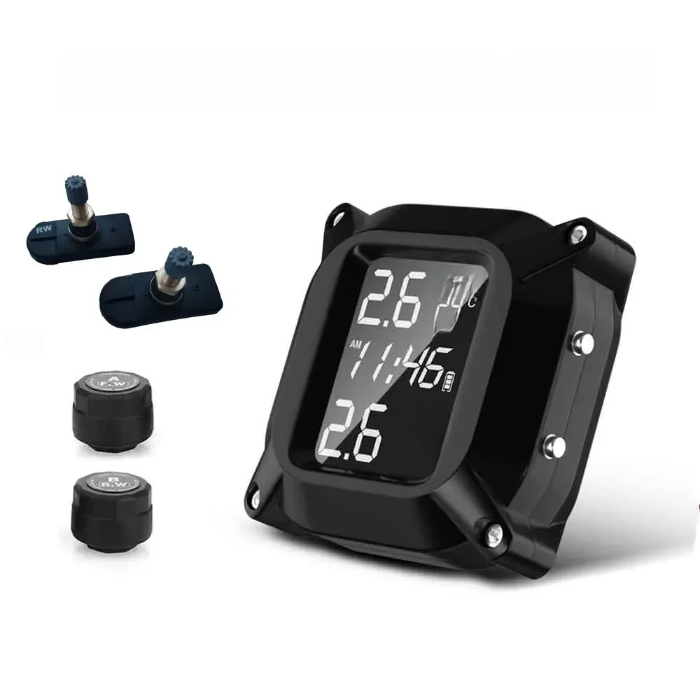 Système de surveillance TPMS de la pression des pneus de moto sans fil, 2 pièces, capteur externe, affichage de l'heure LCD, moniteur de température des pneus, alarme