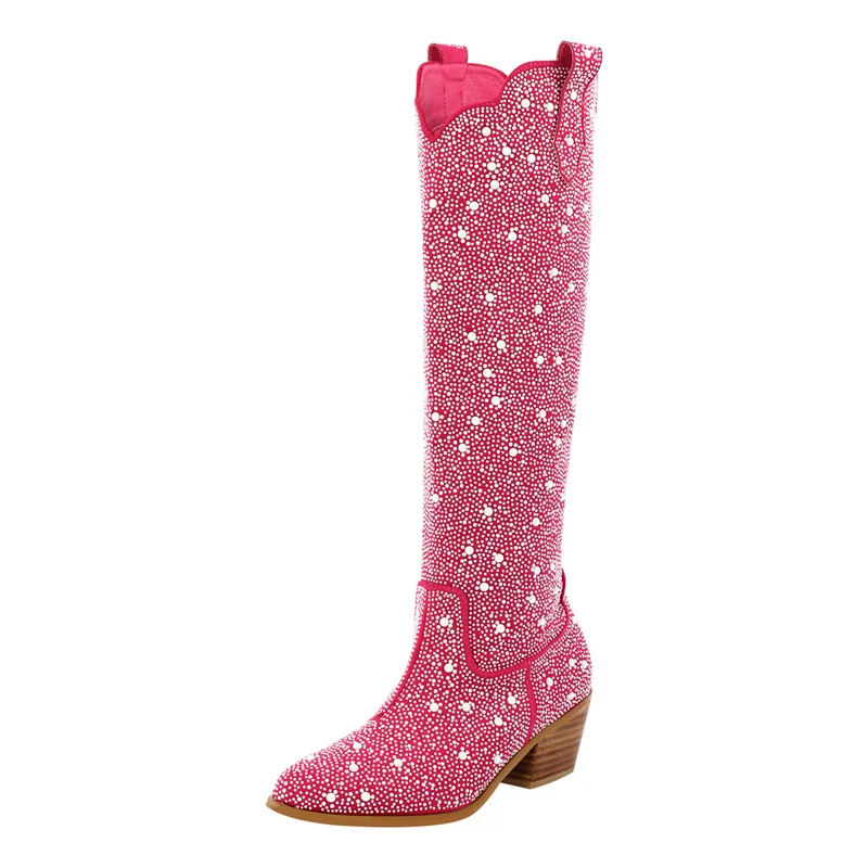 Onlymaker Women Pink Rhinestone Boots Round Toe Chunky Heel Pearl Western Boots