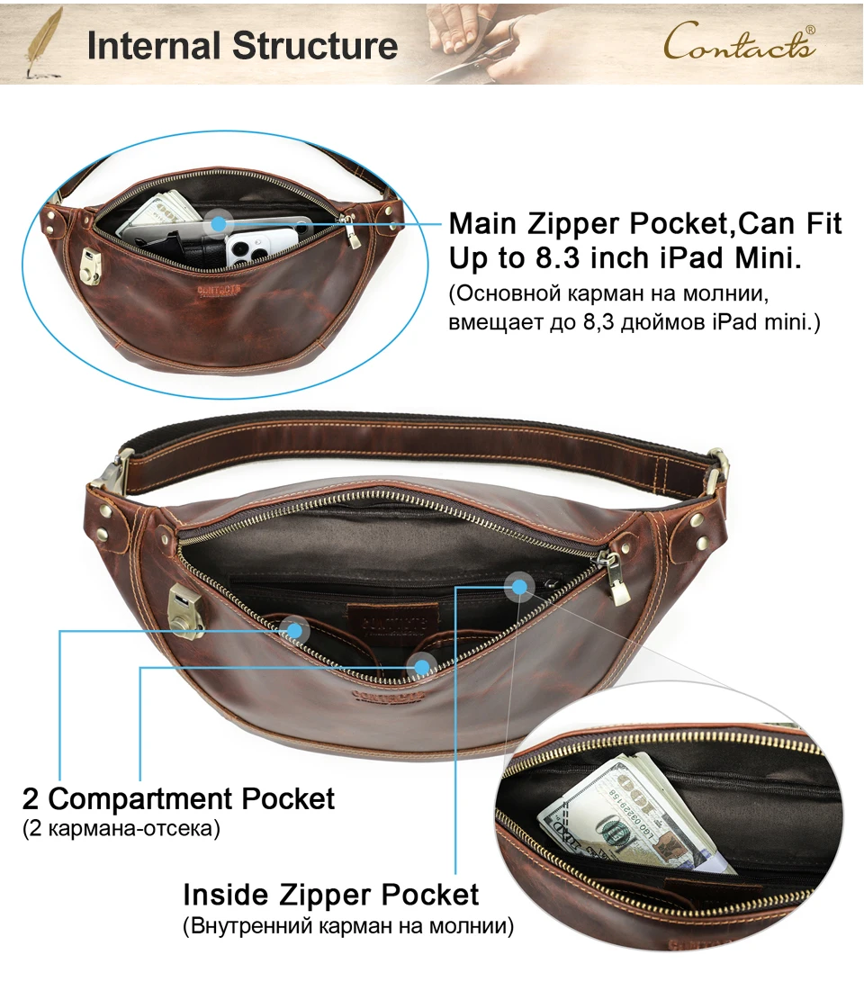 CONTACT'S Echte Leder-Hüfttasche für Herren, Reise-Bauchtasche mit Zahlenschloss, Kleine Brusttasche für Alltag & Reisen – Detail 10