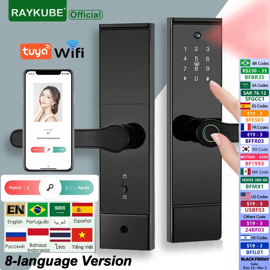 RAYKUBE P10 Tuya Wifi peephole HD Camera Fingerprint Digital Smart Door Lock With Built-in Gateway APP Remote Unlock 8-language