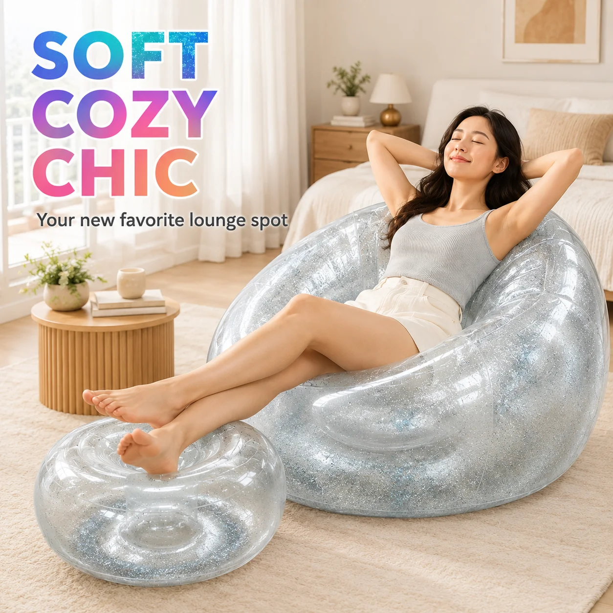 Inflatable Glitter Lounge Chair, Air Sofa Pool Float, PVC Transparent Recliner Portable Beach Indoor Lounger