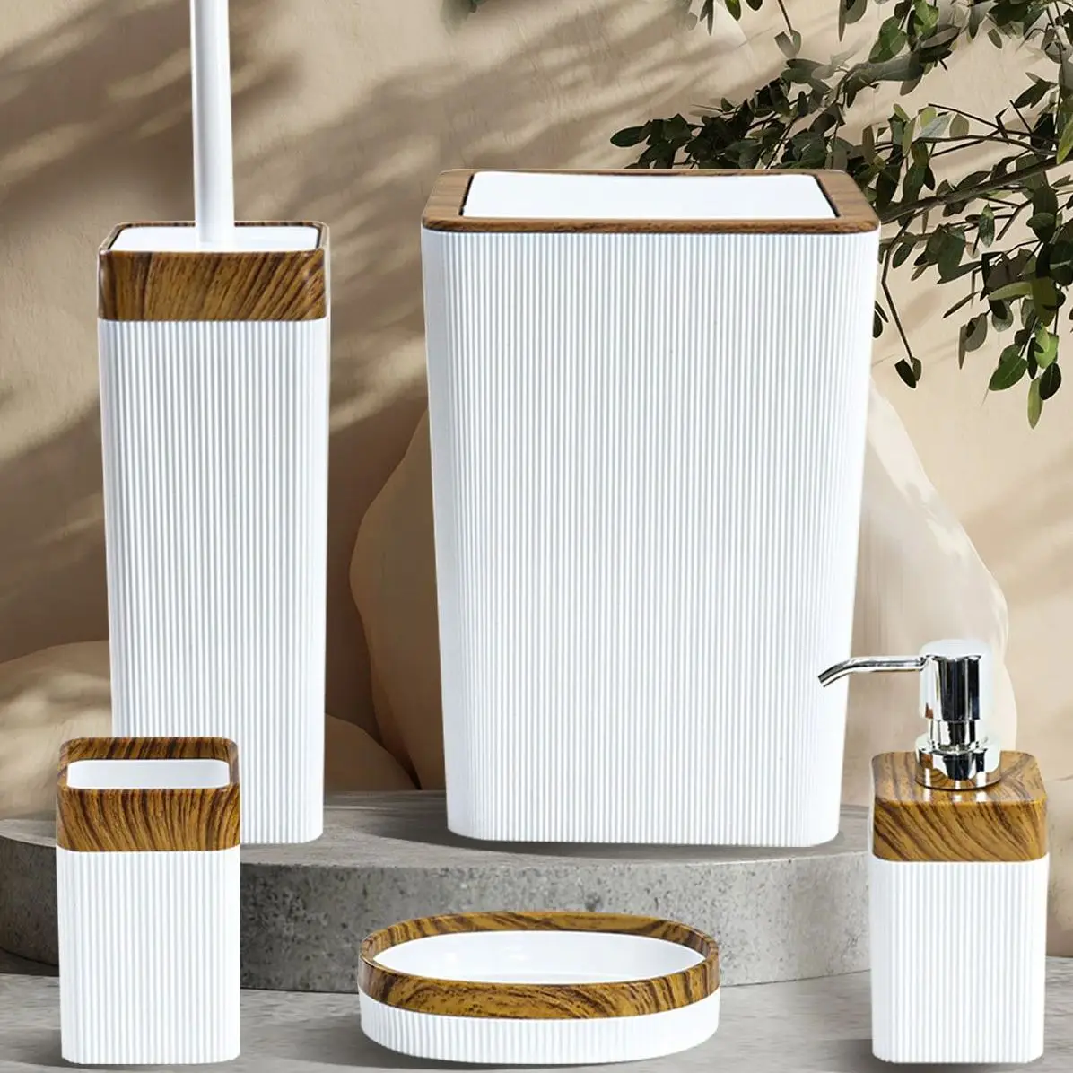 Bathroom Accessory Set White Wood Durable Plastic 5 Pcs Toothbrush Holder Liquid And Solid Soap Dispenser Toilet Brush Trash Can