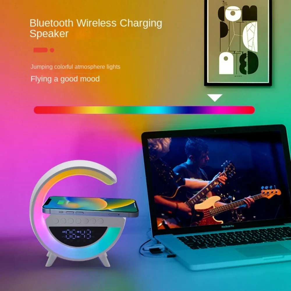 Smart LED Desk Lamp, 4-in-1 Wireless Charger Nightlight, App Control Bluetooth Speaker with Alarm Clock, Bedside Charging