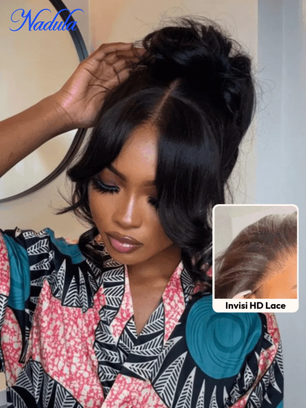 Nadula 13x4 HD Real Scalp™ Drawstring Glueless Wig 100% Virgin Human Hair Loose Wave with Face Framing Curtain Bangs Skin-melt HD Lace Pre Plucked Put and Go Human Hair Wig for All Size Heads No Tangle No Shedding Last More than 12 Months