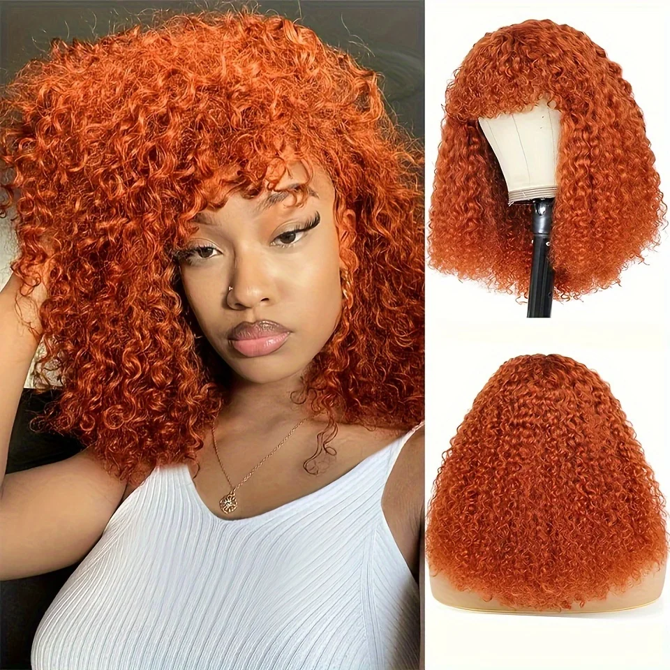 Orange Curly Bob Human Hair Wigs With Bangs Glueless Full Machine Made Wigs Orange Colored Wigs For Women Remy Hair Wig 180%