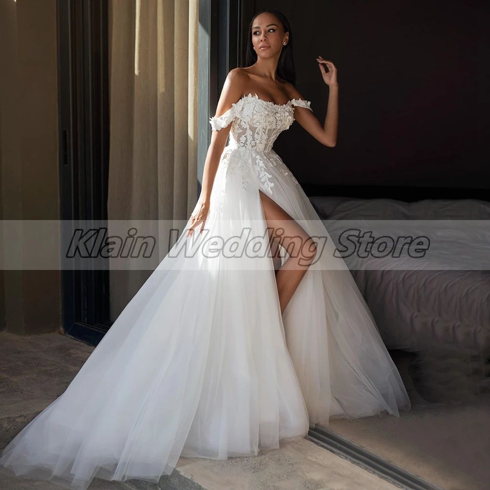 

Weilinsha Side Split Tulle Wedding Dress 2023 Ladies Appliques Off the Shoulder A Line Strapless Bridal Gowns Robe De Mariee