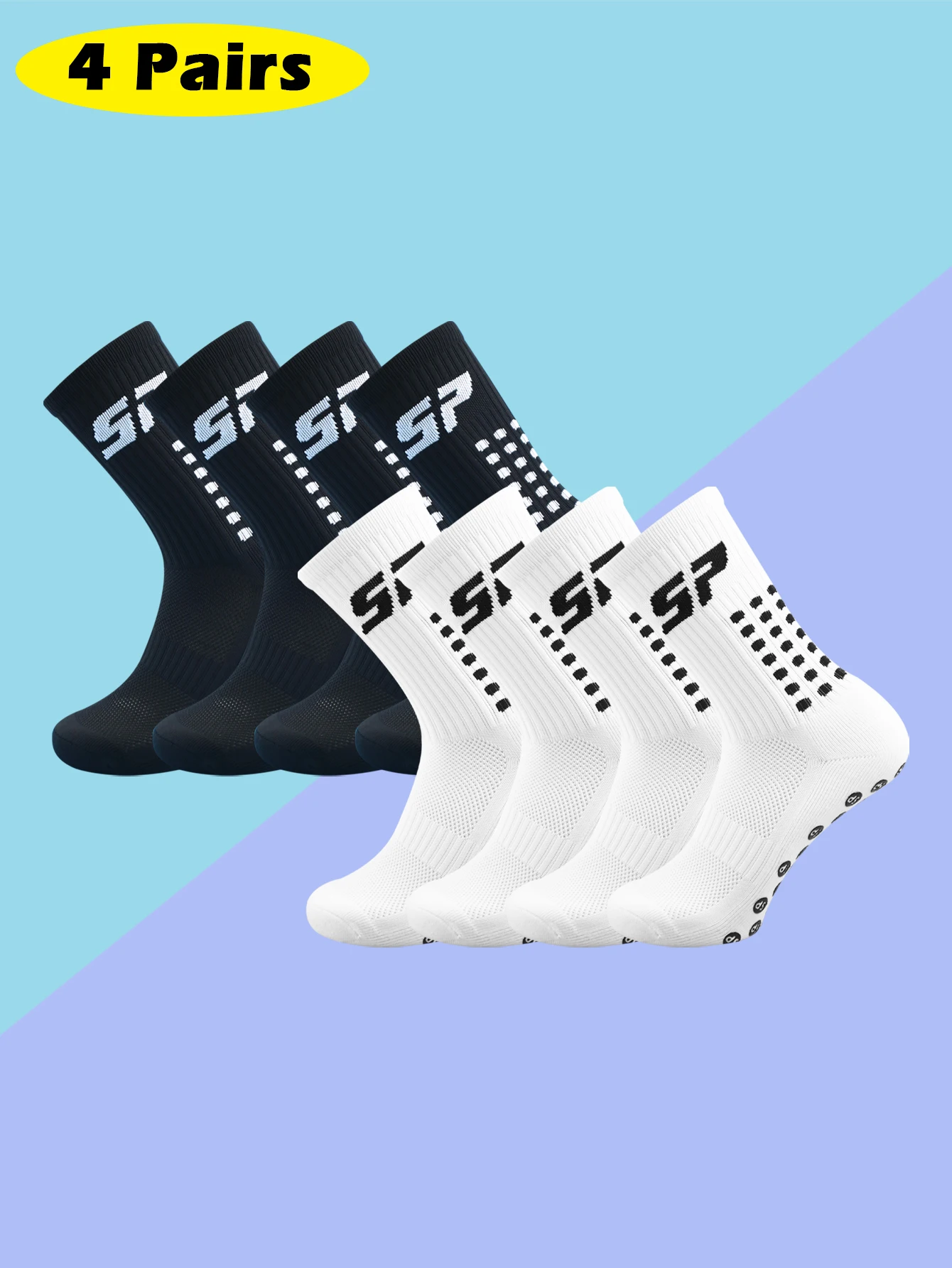 4 Pairs Men's Soccer Socks with Grip, Non Slip Anti Slip Athletic Socks with Cushion Pads for Football/Basketball/Hockey